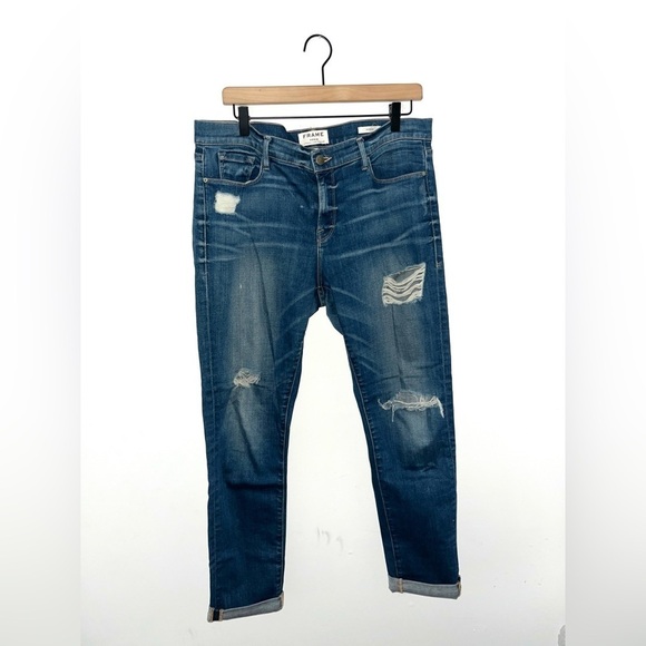 FRAME Denim Women's Le Garcon Ripped Distressed Cuffed Blue Jeans Size 31 - Picture 4 of 11
